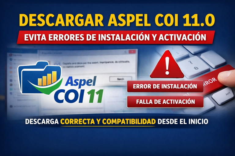 Imagen destacada sobre descarga correcta de Aspel COI 11.0 mostrando advertencias de error de instalación y activación, enfatizando el uso del instalador oficial para evitar fallas y problemas de compatibilidad.