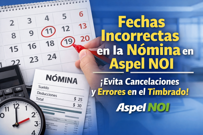Calendario y recibo de nómina ilustrando error en las fechas del periodo en Aspel NOI que puede provocar cancelaciones y errores en el timbrado