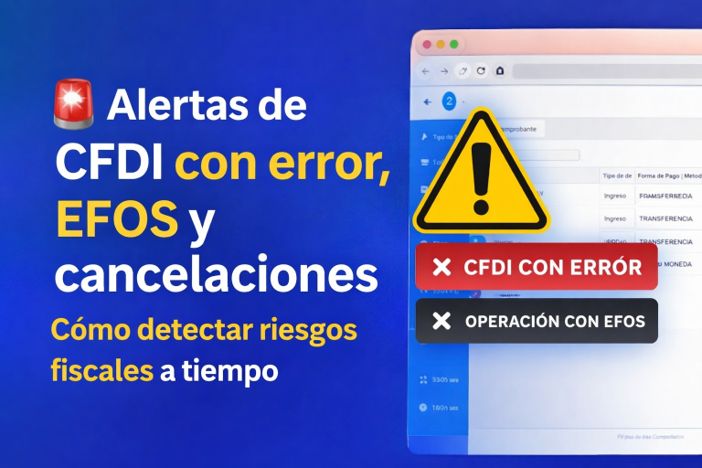 Imagen destacada sobre alertas automáticas de CFDI con error, operaciones con EFOS y cancelaciones para detectar riesgos fiscales a tiempo