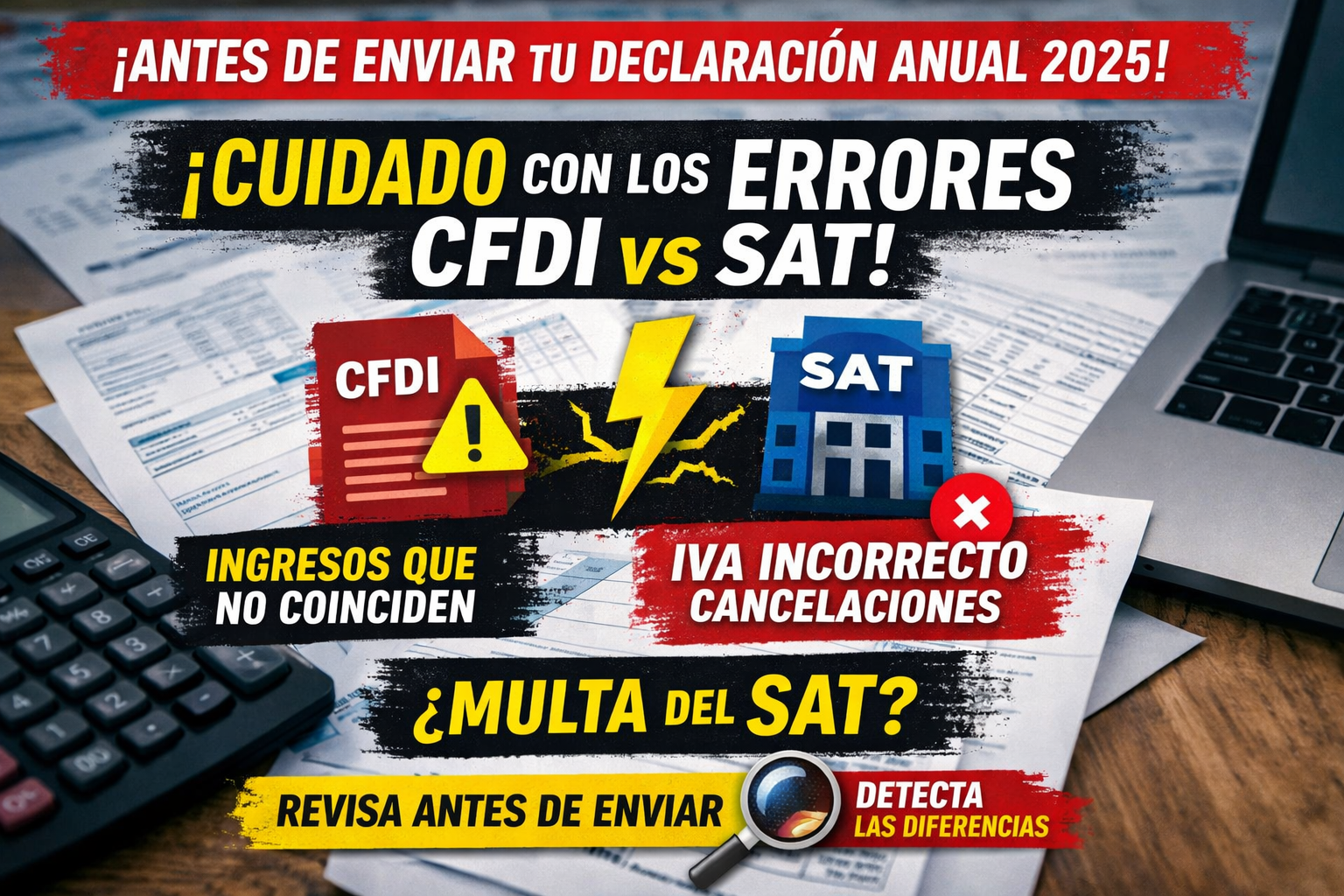 Imagen de advertencia sobre la declaración anual 2025 mostrando diferencias entre CFDI y SAT, errores fiscales como ingresos no coincidentes, IVA incorrecto y cancelaciones, con mensaje de prevención para evitar multas del SAT. Si quieres, también te doy la leyenda y descripción optimizadas para WordPress.