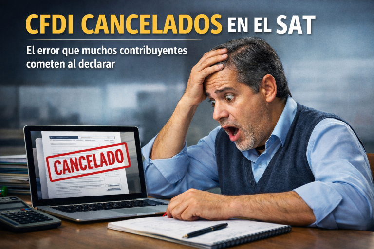 Contribuyente sorprendido revisando en su computadora un CFDI marcado como cancelado mientras analiza información fiscal antes de presentar su declaración.