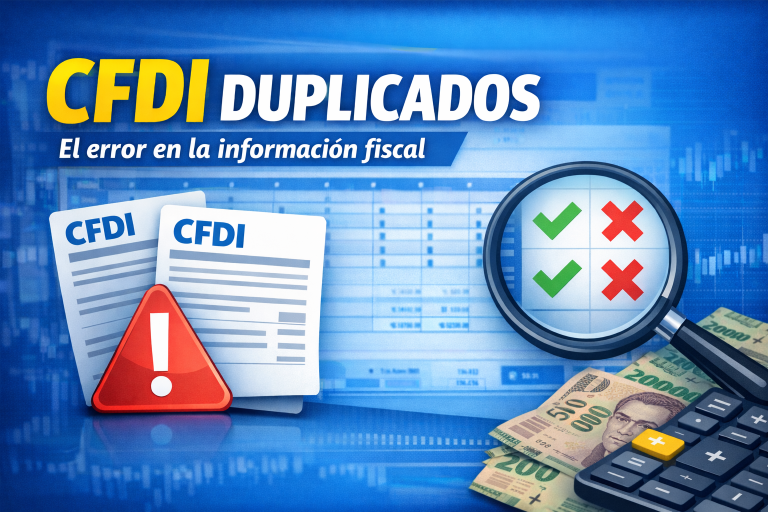 Ilustración de documentos CFDI duplicados junto a un ícono de advertencia y una lupa revisando información fiscal, con billetes de pesos mexicanos y una calculadora que representan la revisión de facturas antes de declarar.