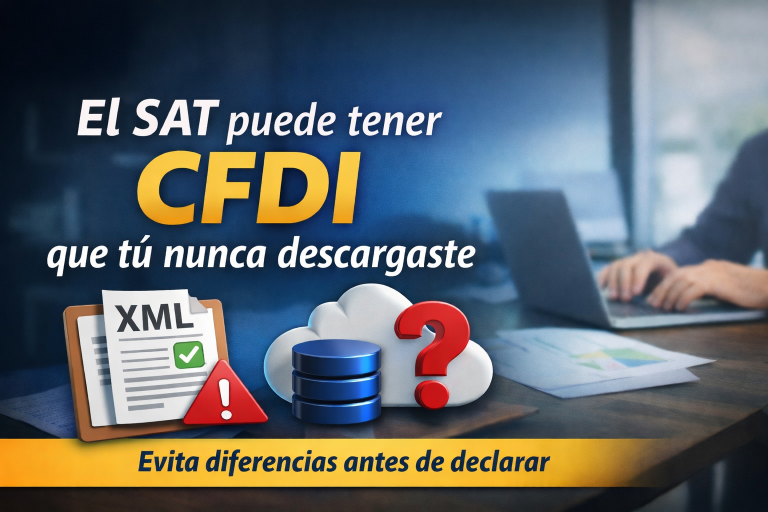 Ilustración de un contribuyente revisando en su computadora información de CFDI mientras aparecen iconos de XML, base de datos y advertencia, representando la posibilidad de que el SAT tenga facturas que aún no han sido descargadas.