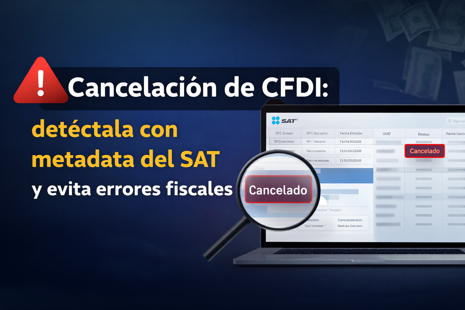 Cancelación de CFDI detectada con metadata del SAT en pantalla de sistema contable, destacando estatus “Cancelado” y enfoque en control fiscal para evitar errores.