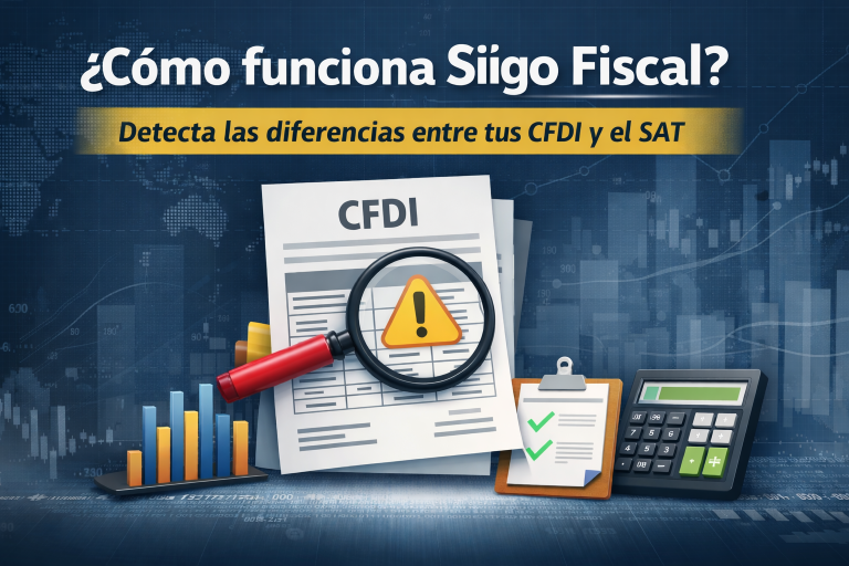 Ilustración que muestra un CFDI siendo analizado con una lupa para detectar diferencias fiscales entre los comprobantes y la información del SAT, representando el funcionamiento de Siigo Fiscal.