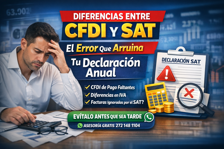 Hombre preocupado revisando documentos contables con mensaje sobre diferencias entre CFDI y SAT que afectan la declaración anual e IVA