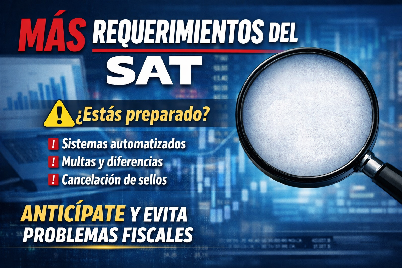 Imagen informativa sobre el aumento de requerimientos del SAT en México, destacando riesgos fiscales como multas, diferencias y cancelación de sellos, con llamado a anticiparse y evitar problemas fiscales.