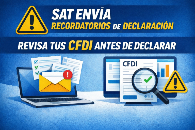 Imagen informativa sobre recordatorios del SAT para presentar declaraciones y revisión de CFDI antes de declarar en México