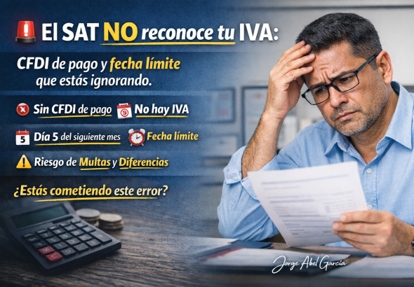 ‘El SAT no reconoce tu IVA’, explicando errores relacionados con el CFDI de pago, la fecha límite del día 5 y el riesgo de multas por registrar incorrectamente el IVA.