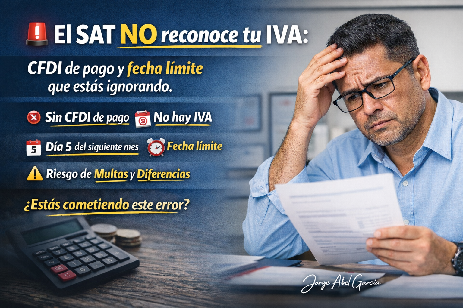 ‘El SAT no reconoce tu IVA’, explicando errores relacionados con el CFDI de pago, la fecha límite del día 5 y el riesgo de multas por registrar incorrectamente el IVA.