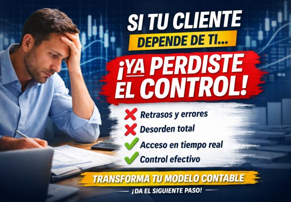 ‘Si tu cliente depende de ti, ya perdiste el control’, acompañado de indicadores de problemas como retrasos y desorden, y soluciones como acceso en tiempo real y control efectivo.