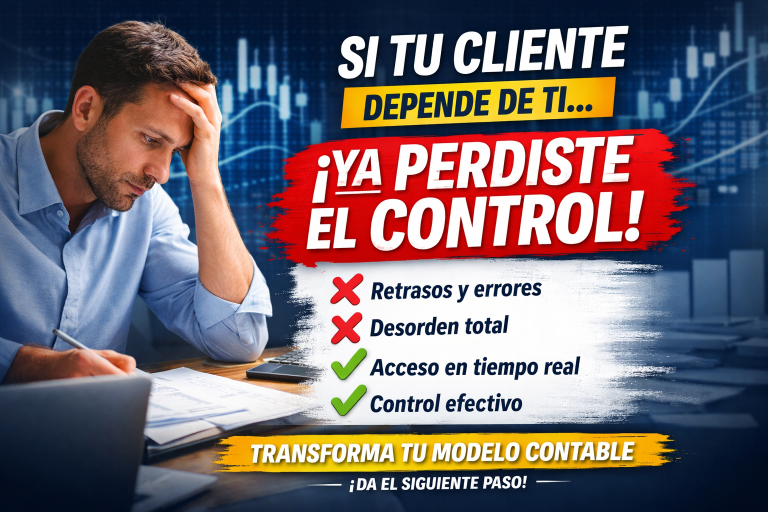 ‘Si tu cliente depende de ti, ya perdiste el control’, acompañado de indicadores de problemas como retrasos y desorden, y soluciones como acceso en tiempo real y control efectivo.