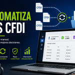 Automatización de CFDI con flujo digital hacia carpeta organizada, mostrando dashboard en laptop con datos fiscales y el texto “Automatiza tus CFDI” sobre fondo oscuro tecnológico