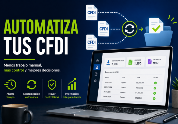 Automatización de CFDI con flujo digital hacia carpeta organizada, mostrando dashboard en laptop con datos fiscales y el texto “Automatiza tus CFDI” sobre fondo oscuro tecnológico