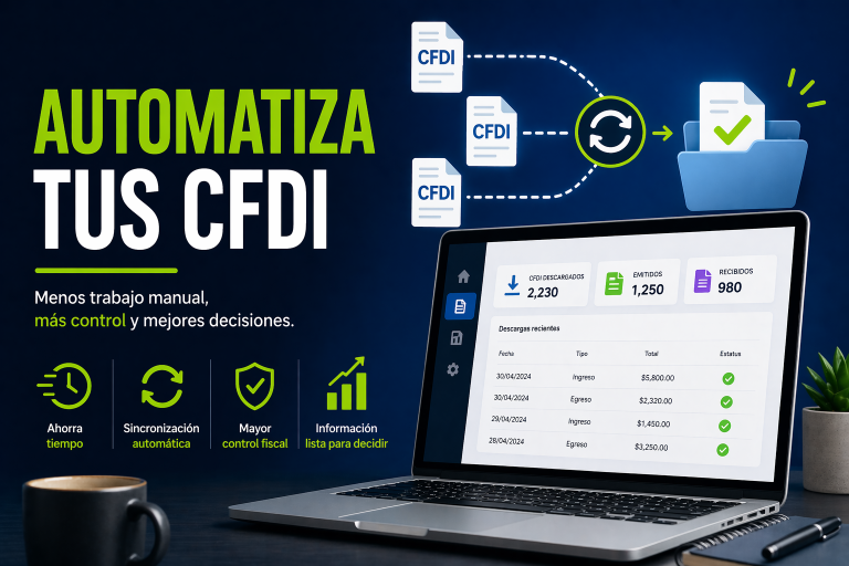 Automatización de CFDI con flujo digital hacia carpeta organizada, mostrando dashboard en laptop con datos fiscales y el texto “Automatiza tus CFDI” sobre fondo oscuro tecnológico