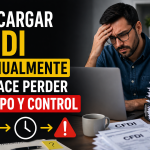 Persona trabajando en laptop rodeada de documentos y facturas, con expresión de estrés, acompañada del texto “Descargar CFDI manualmente te hace perder tiempo y control” y elementos visuales que representan procesos lentos y riesgo de errores