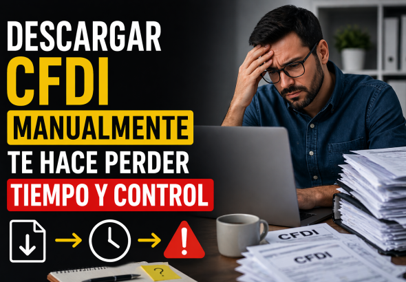 Persona trabajando en laptop rodeada de documentos y facturas, con expresión de estrés, acompañada del texto “Descargar CFDI manualmente te hace perder tiempo y control” y elementos visuales que representan procesos lentos y riesgo de errores