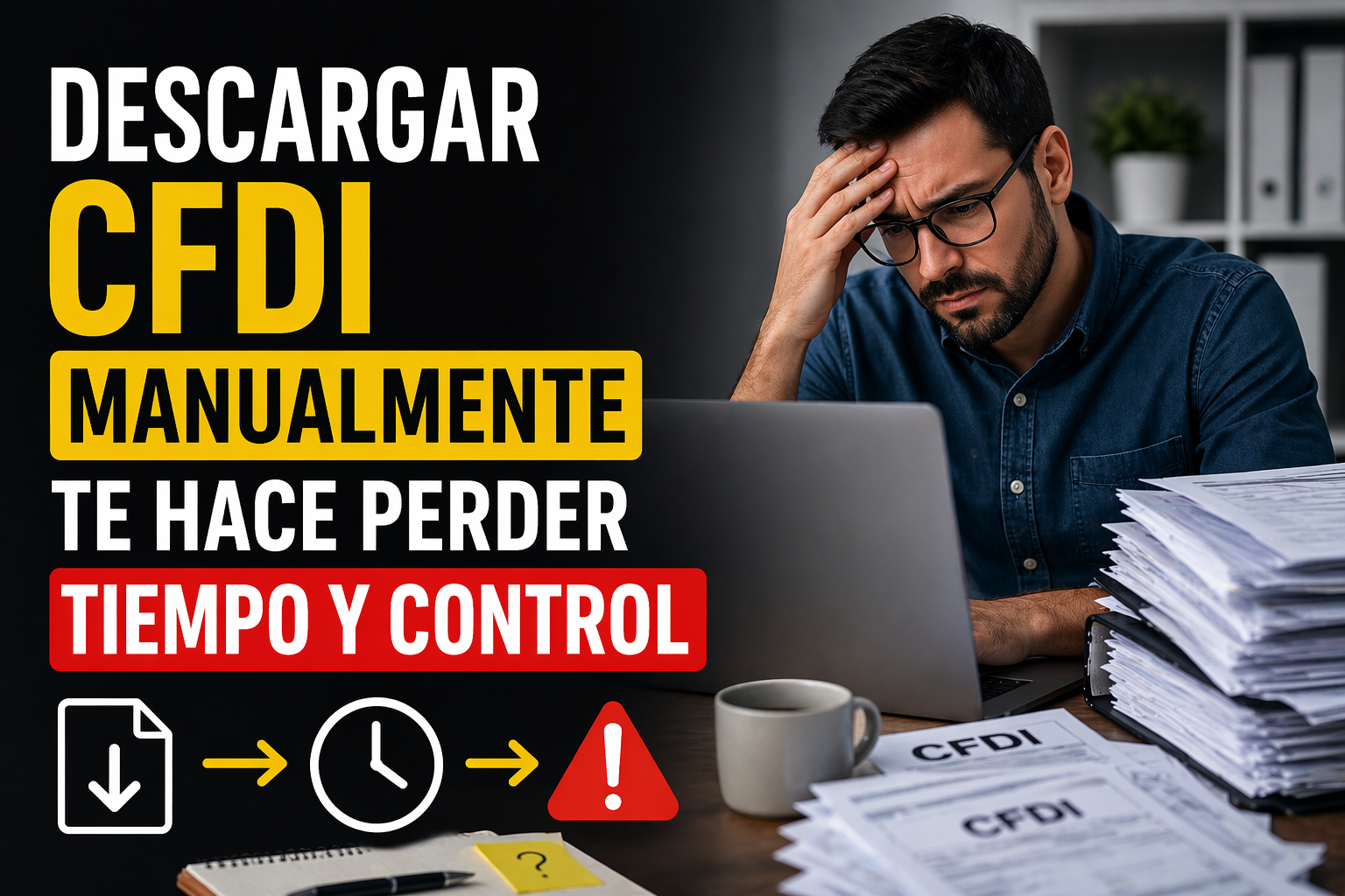 Persona trabajando en laptop rodeada de documentos y facturas, con expresión de estrés, acompañada del texto “Descargar CFDI manualmente te hace perder tiempo y control” y elementos visuales que representan procesos lentos y riesgo de errores