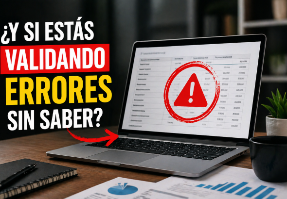 Persona trabajando en laptop con alerta de error en pantalla y mensaje “¿Estás validando errores sin saber?”, representando el riesgo de confiar en información fiscal incorrecta
