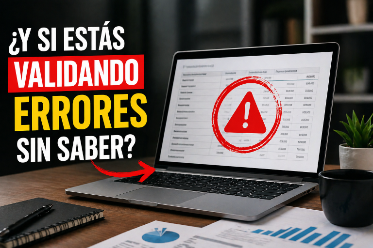 Persona trabajando en laptop con alerta de error en pantalla y mensaje “¿Estás validando errores sin saber?”, representando el riesgo de confiar en información fiscal incorrecta