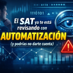 Imagen promocional sobre revisiones del SAT con automatización, mostrando gráficos digitales, un ojo con lupa como símbolo de supervisión y el mensaje de que el SAT analiza datos fiscales para detectar errores automáticamente.