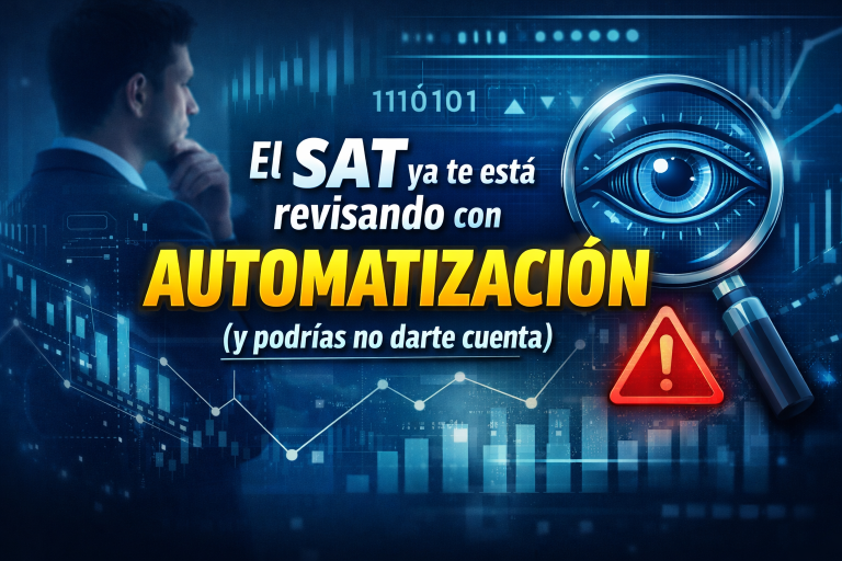 Imagen promocional sobre revisiones del SAT con automatización, mostrando gráficos digitales, un ojo con lupa como símbolo de supervisión y el mensaje de que el SAT analiza datos fiscales para detectar errores automáticamente.