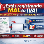 “¡Estás registrando MAL tu IVA!”, que advierte sobre errores en el registro del IVA relacionados con CFDI de pago, mostrando un comprobante, iconos de advertencia, calculadora y consecuencias como diferencias, errores fiscales y multas, sin uso de logotipos institucionales.