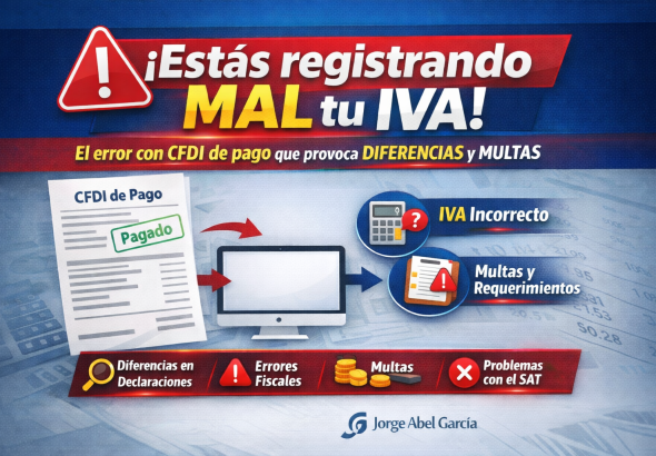 “¡Estás registrando MAL tu IVA!”, que advierte sobre errores en el registro del IVA relacionados con CFDI de pago, mostrando un comprobante, iconos de advertencia, calculadora y consecuencias como diferencias, errores fiscales y multas, sin uso de logotipos institucionales.