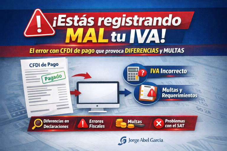 “¡Estás registrando MAL tu IVA!”, que advierte sobre errores en el registro del IVA relacionados con CFDI de pago, mostrando un comprobante, iconos de advertencia, calculadora y consecuencias como diferencias, errores fiscales y multas, sin uso de logotipos institucionales.