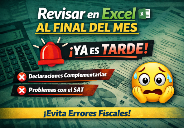 Imagen destacada con fondo de hojas de cálculo y calculadora, donde aparece el texto “Revisar en Excel al final del mes ¡ya es tarde!”, acompañado de íconos de alerta, un emoji preocupado y mensajes sobre declaraciones complementarias y problemas fiscales.