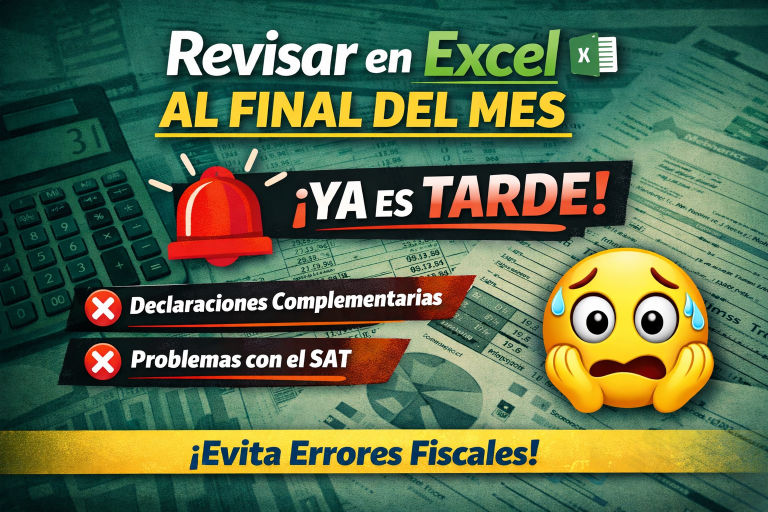 Imagen destacada con fondo de hojas de cálculo y calculadora, donde aparece el texto “Revisar en Excel al final del mes ¡ya es tarde!”, acompañado de íconos de alerta, un emoji preocupado y mensajes sobre declaraciones complementarias y problemas fiscales.