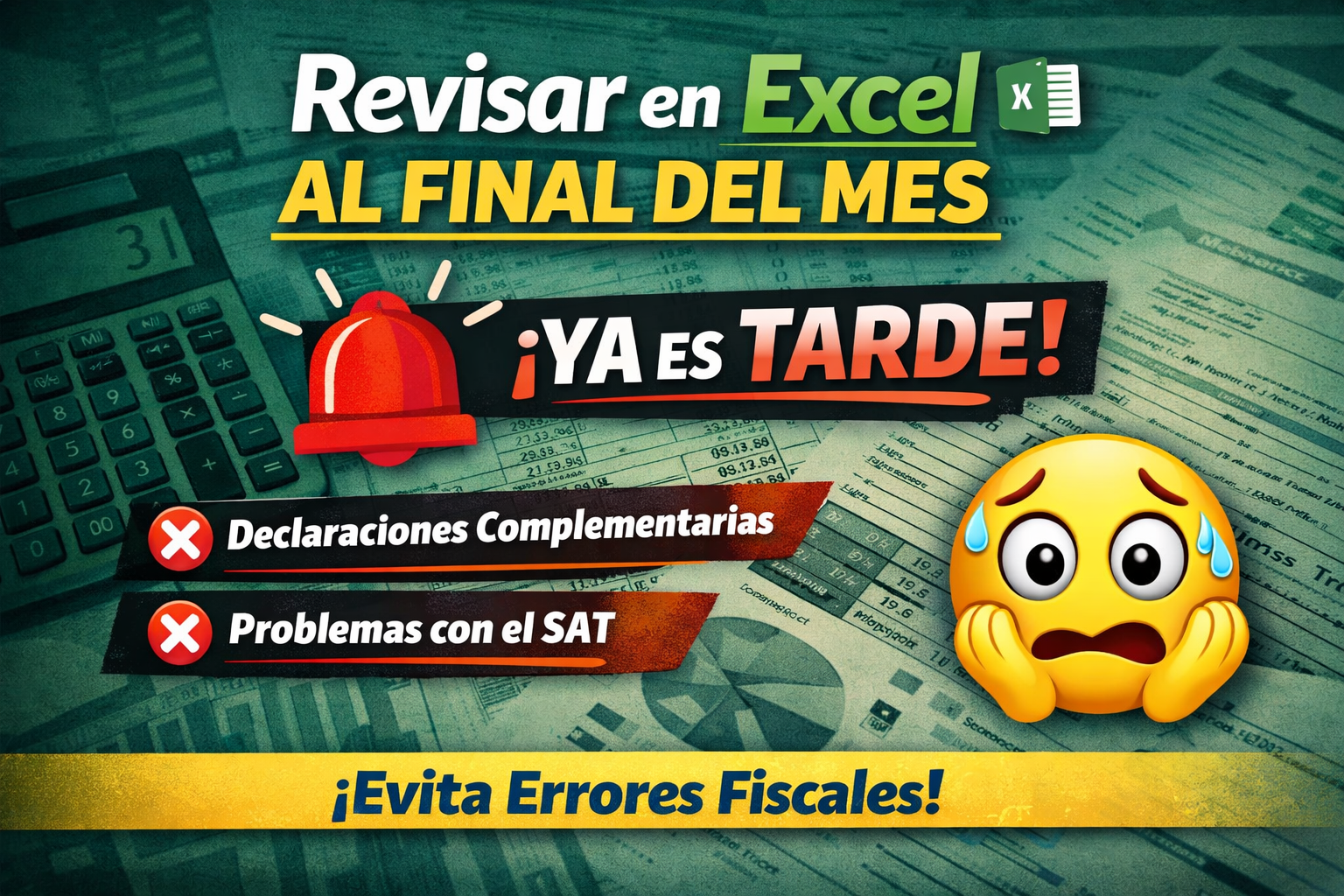 Imagen destacada con fondo de hojas de cálculo y calculadora, donde aparece el texto “Revisar en Excel al final del mes ¡ya es tarde!”, acompañado de íconos de alerta, un emoji preocupado y mensajes sobre declaraciones complementarias y problemas fiscales.