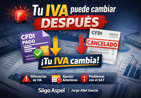 Tu IVA puede cambiar DESPUÉS”, que muestra CFDI de pago, cancelaciones y su impacto en el cálculo del IVA, destacando riesgos como diferencias fiscales, ajustes en periodos anteriores y problemas con el SAT.