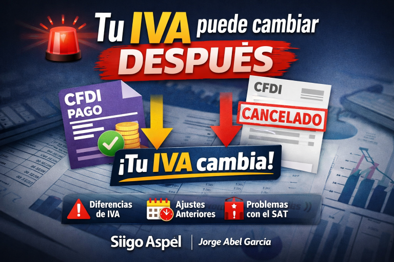 Tu IVA puede cambiar DESPUÉS”, que muestra CFDI de pago, cancelaciones y su impacto en el cálculo del IVA, destacando riesgos como diferencias fiscales, ajustes en periodos anteriores y problemas con el SAT.
