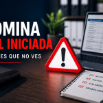 Nómina mal iniciada con advertencia de errores invisibles, laptop con datos y lista de verificación sobre respaldo, datos, calendarización y trabajadores en escritorio de oficina.