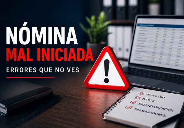 Nómina mal iniciada con advertencia de errores invisibles, laptop con datos y lista de verificación sobre respaldo, datos, calendarización y trabajadores en escritorio de oficina.