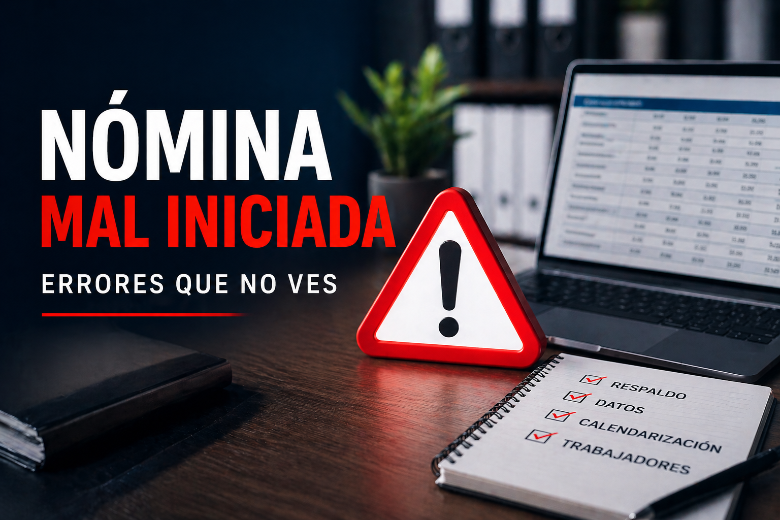 Nómina mal iniciada con advertencia de errores invisibles, laptop con datos y lista de verificación sobre respaldo, datos, calendarización y trabajadores en escritorio de oficina.