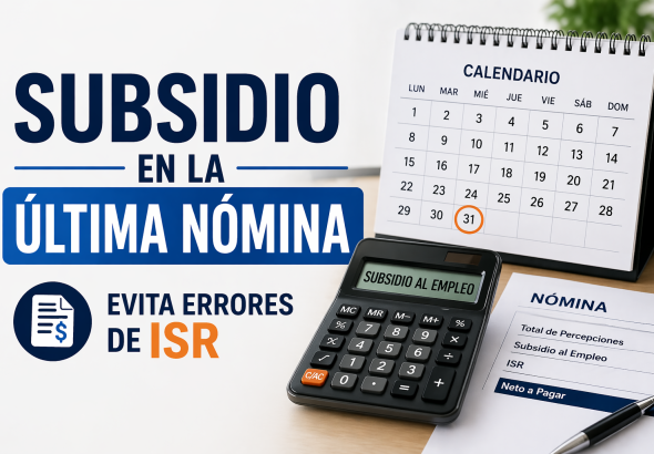 Imagen sobre subsidio al empleo en la última nómina del mes con calculadora y calendario, destacando la prevención de errores en el ISR.