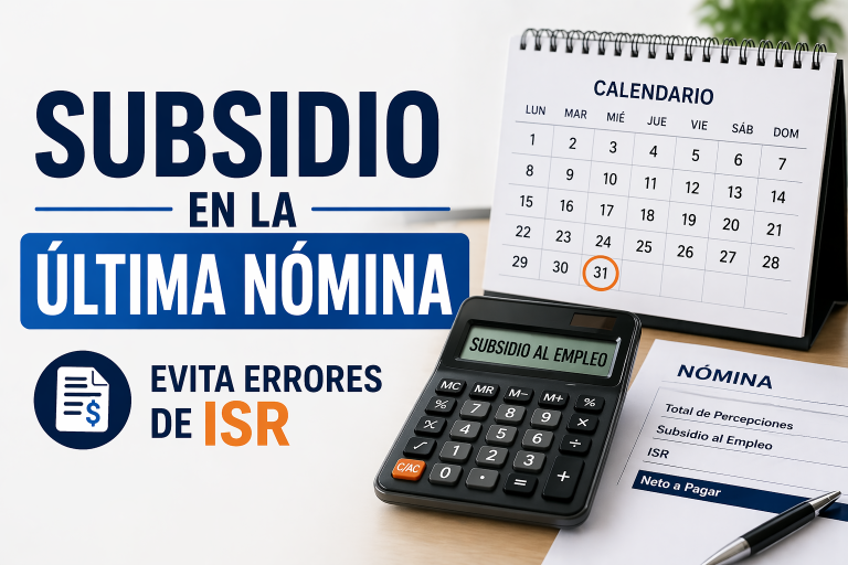 Imagen sobre subsidio al empleo en la última nómina del mes con calculadora y calendario, destacando la prevención de errores en el ISR.