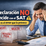 Hombre preocupado revisando documentos fiscales en su escritorio con laptop y calculadora, acompañado del texto “Tu declaración NO coincide con el SAT” y alertas de diferencias, multa y revisión fiscal.