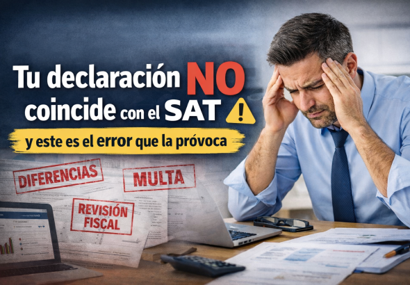 Hombre preocupado revisando documentos fiscales en su escritorio con laptop y calculadora, acompañado del texto “Tu declaración NO coincide con el SAT” y alertas de diferencias, multa y revisión fiscal.