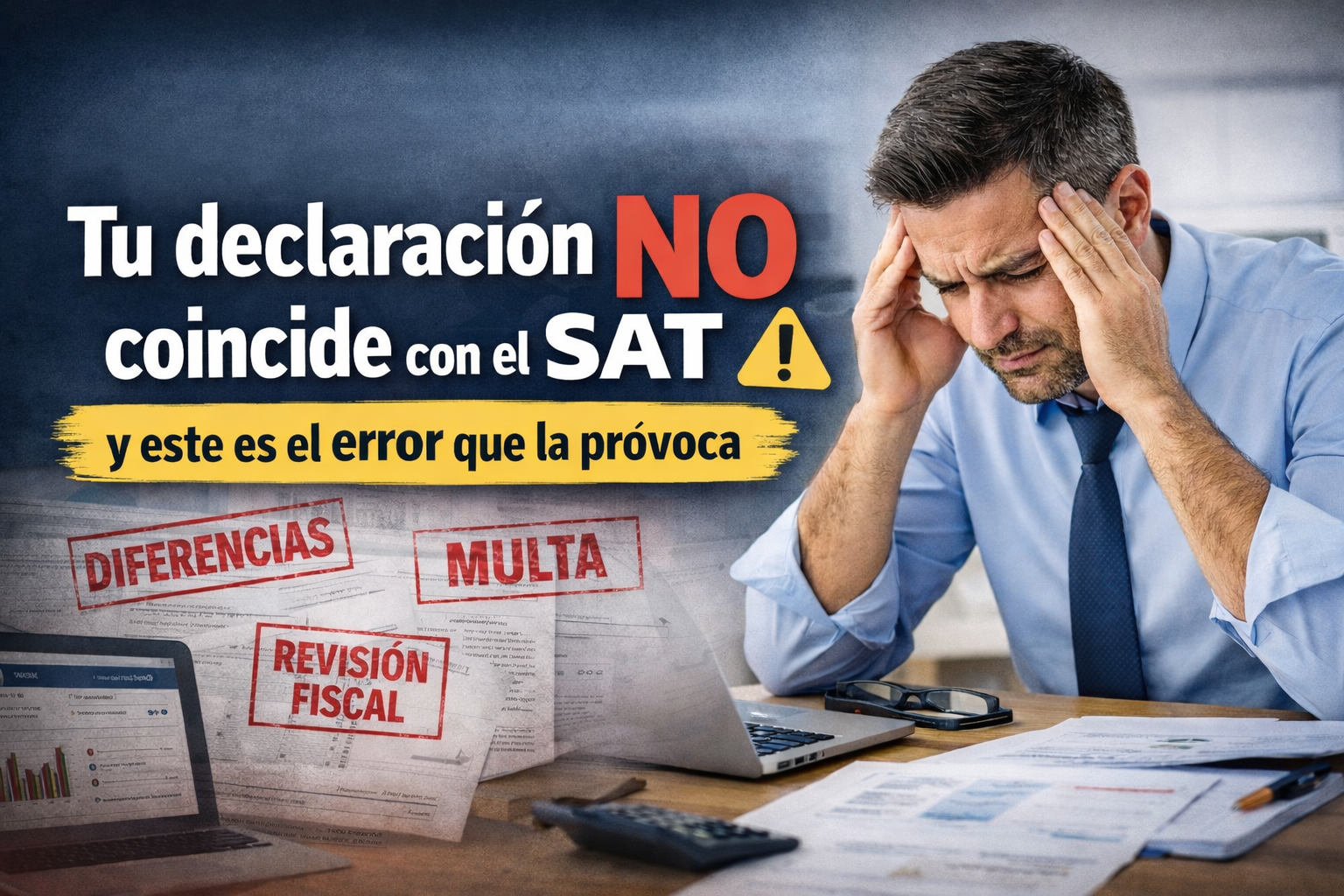 Hombre preocupado revisando documentos fiscales en su escritorio con laptop y calculadora, acompañado del texto “Tu declaración NO coincide con el SAT” y alertas de diferencias, multa y revisión fiscal.
