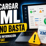 Pantalla de validación fiscal mostrando un dashboard con CFDI válidos, diferencias y cancelaciones, acompañado del mensaje “Descargar XML ya no basta” para representar la importancia de validar información fiscal contra SAT y detectar riesgos antes de presentar inconsistencias.