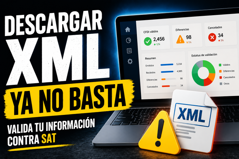 Pantalla de validación fiscal mostrando un dashboard con CFDI válidos, diferencias y cancelaciones, acompañado del mensaje “Descargar XML ya no basta” para representar la importancia de validar información fiscal contra SAT y detectar riesgos antes de presentar inconsistencias.