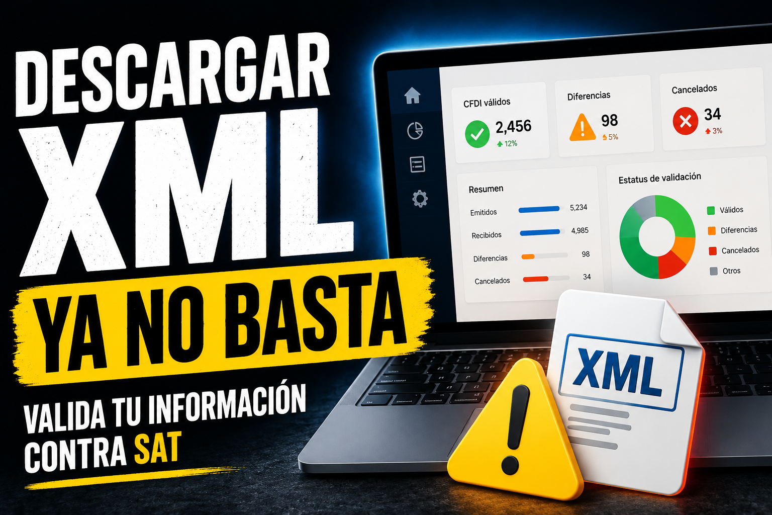 Pantalla de validación fiscal mostrando un dashboard con CFDI válidos, diferencias y cancelaciones, acompañado del mensaje “Descargar XML ya no basta” para representar la importancia de validar información fiscal contra SAT y detectar riesgos antes de presentar inconsistencias.