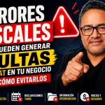 Miniatura de YouTube sobre errores fiscales y multas del SAT en negocios, con Jorge Abel García señalando al espectador y un símbolo de alerta rojo. Diseño en colores rojo, amarillo y negro con texto de advertencia sobre multas y errores fiscales.