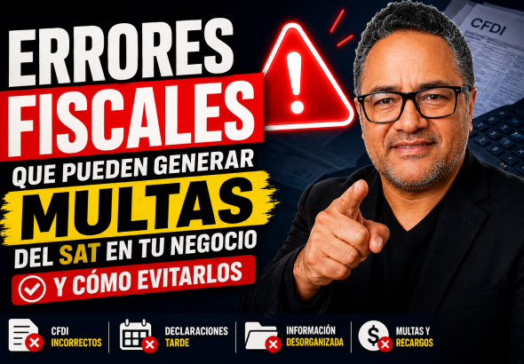Miniatura de YouTube sobre errores fiscales y multas del SAT en negocios, con Jorge Abel García señalando al espectador y un símbolo de alerta rojo. Diseño en colores rojo, amarillo y negro con texto de advertencia sobre multas y errores fiscales.