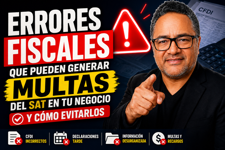 Miniatura de YouTube sobre errores fiscales y multas del SAT en negocios, con Jorge Abel García señalando al espectador y un símbolo de alerta rojo. Diseño en colores rojo, amarillo y negro con texto de advertencia sobre multas y errores fiscales.