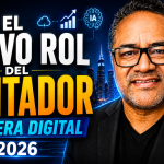 Hombre de negocios con fondo tecnológico y gráficos digitales ascendentes que representan transformación digital, automatización, crecimiento empresarial y evolución del contador en la era digital.