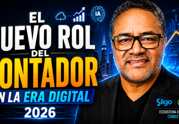Hombre de negocios con fondo tecnológico y gráficos digitales ascendentes que representan transformación digital, automatización, crecimiento empresarial y evolución del contador en la era digital.